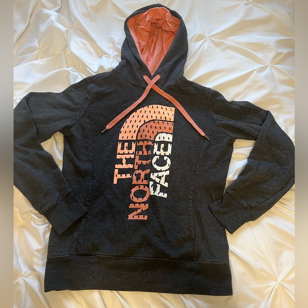 Gray and coral the north face hoodie